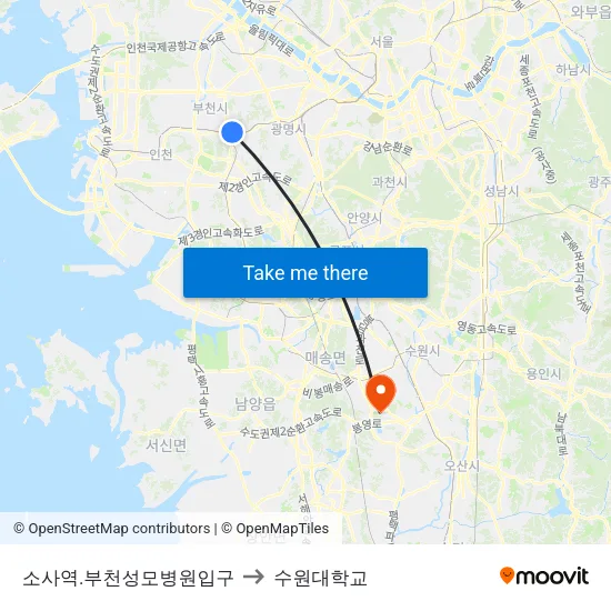 소사역.부천성모병원입구 to 수원대학교 map