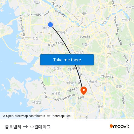 금호빌라 to 수원대학교 map