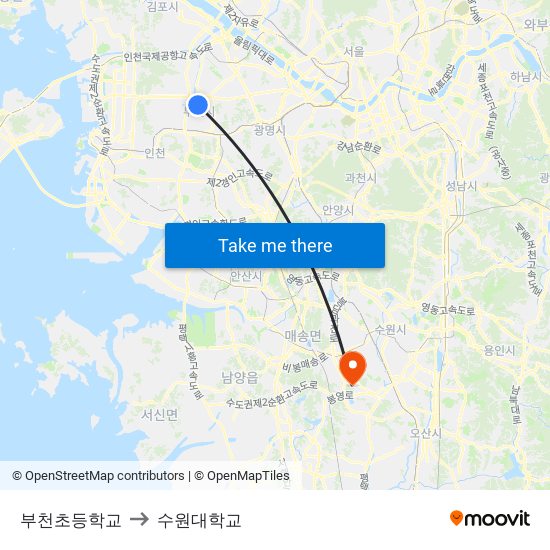 부천초등학교 to 수원대학교 map