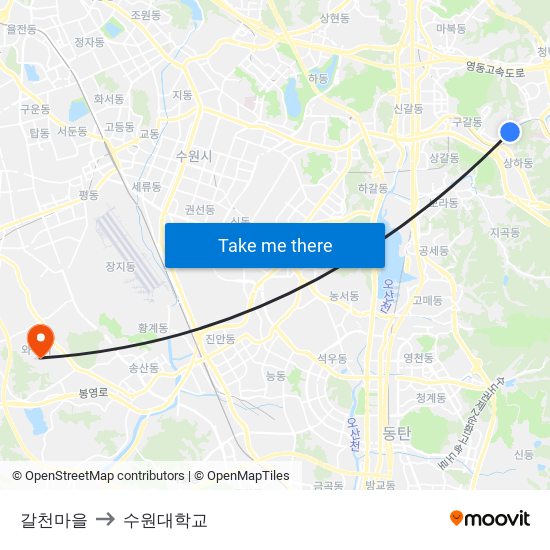 갈천마을 to 수원대학교 map