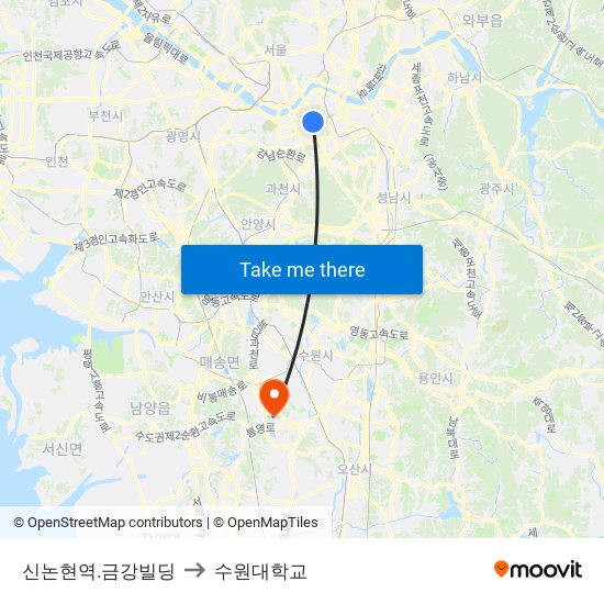 신논현역.금강빌딩 to 수원대학교 map