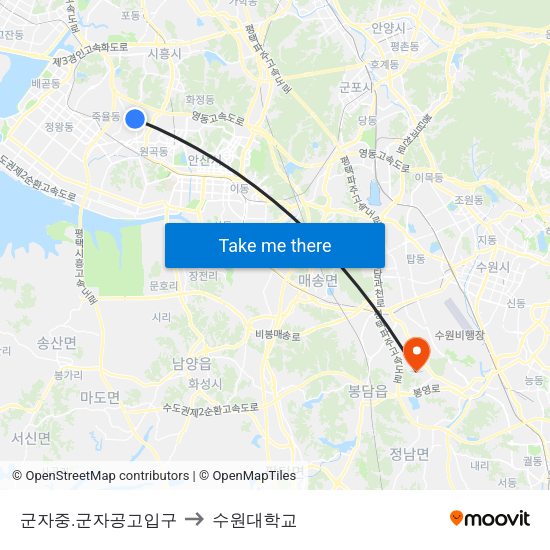 군자중.군자공고입구 to 수원대학교 map