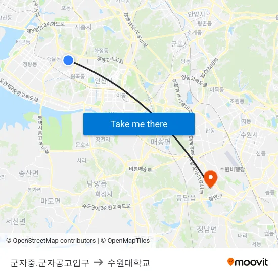 군자중.군자공고입구 to 수원대학교 map