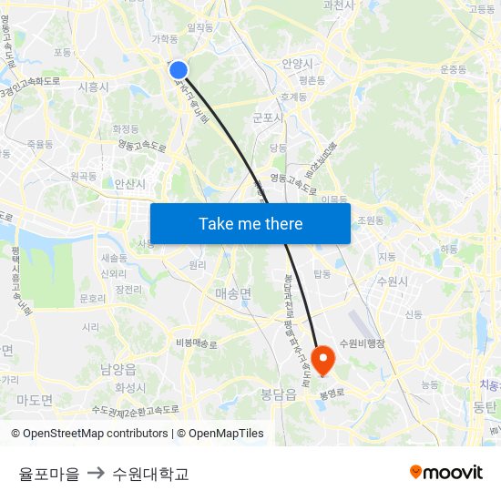 율포마을 to 수원대학교 map