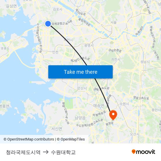 청라국제도시역 to 수원대학교 map