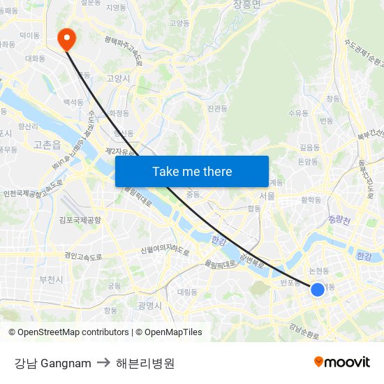 강남 Gangnam to 해븐리병원 map