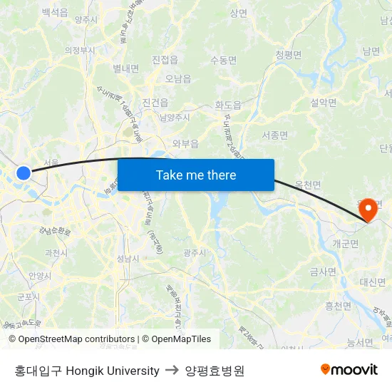 홍대입구 Hongik University to 양평효병원 map