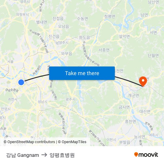 강남 Gangnam to 양평효병원 map