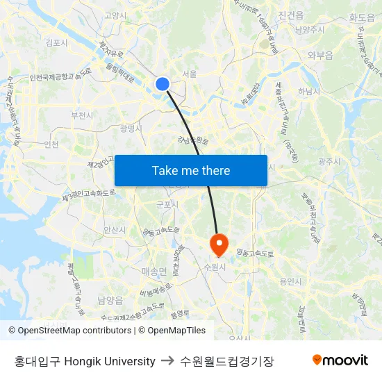 홍대입구 Hongik University to 수원월드컵경기장 map