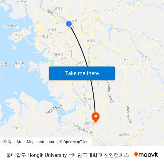 홍대입구 Hongik University to 단국대학교 천안캠퍼스 map