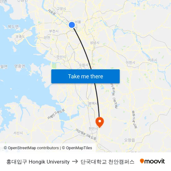 홍대입구 Hongik University to 단국대학교 천안캠퍼스 map