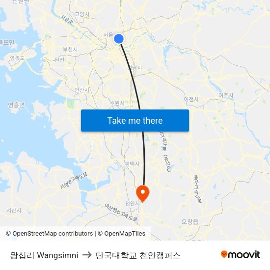 왕십리 Wangsimni to 단국대학교 천안캠퍼스 map