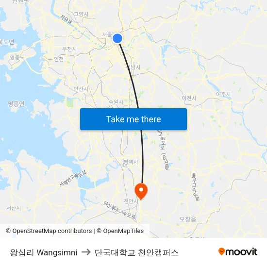 왕십리 Wangsimni to 단국대학교 천안캠퍼스 map