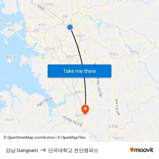 강남 Gangnam to 단국대학교 천안캠퍼스 map