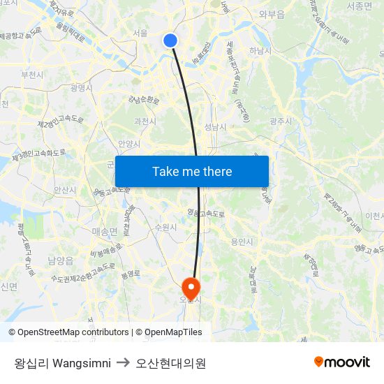 왕십리 Wangsimni to 오산현대의원 map