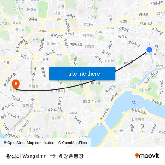 왕십리 Wangsimni to 효창운동장 map