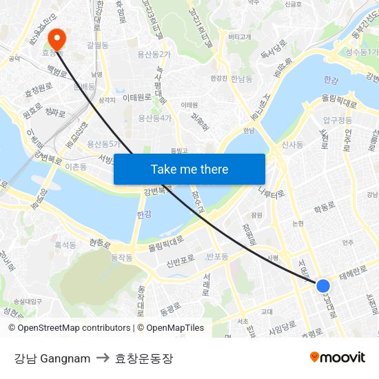 강남 Gangnam to 효창운동장 map