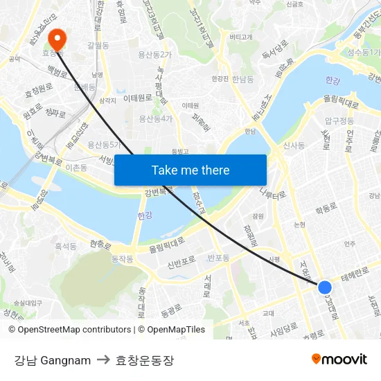 강남 Gangnam to 효창운동장 map