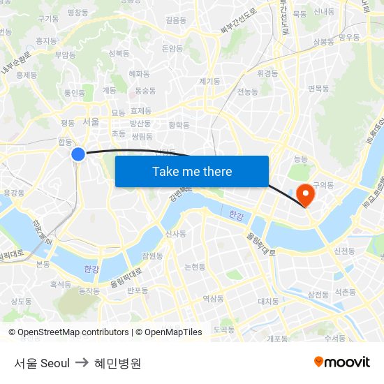 서울 Seoul to 혜민병원 map