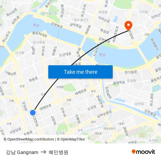 강남 Gangnam to 혜민병원 map