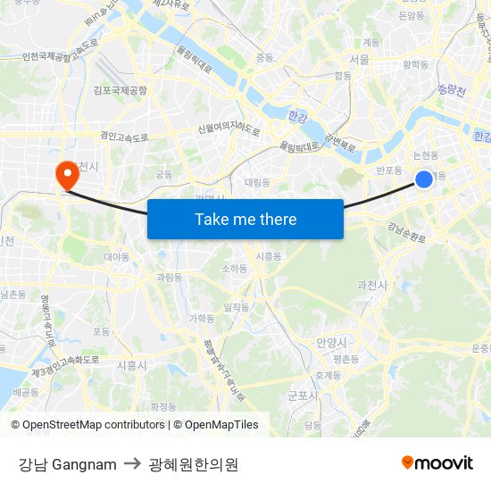 강남 Gangnam to 광혜원한의원 map