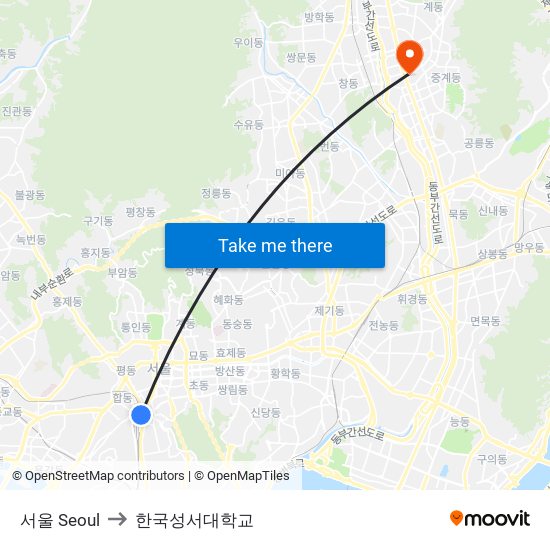 서울 Seoul to 한국성서대학교 map