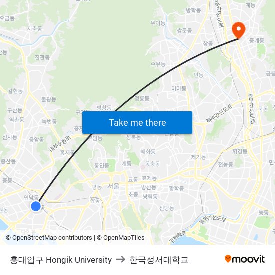 홍대입구 Hongik University to 한국성서대학교 map