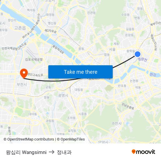 왕십리 Wangsimni to 정내과 map