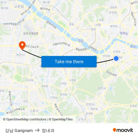 강남 Gangnam to 정내과 map