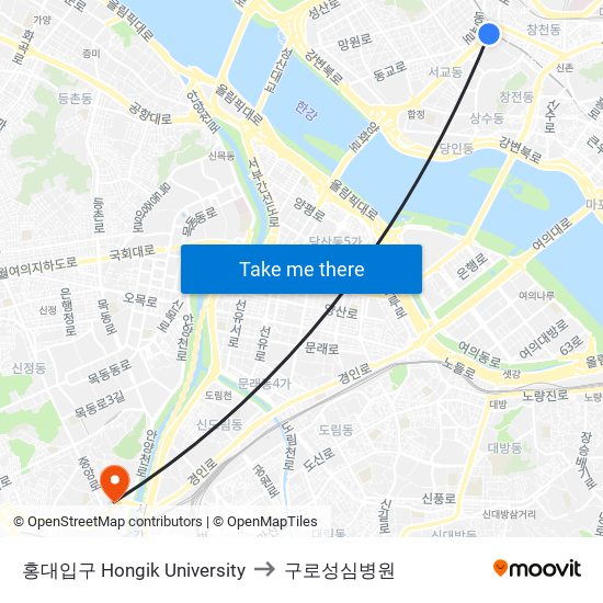 홍대입구 Hongik University to 구로성심병원 map