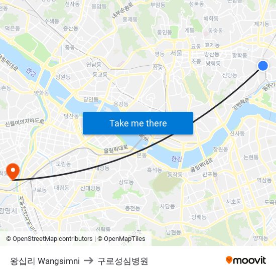 왕십리 Wangsimni to 구로성심병원 map