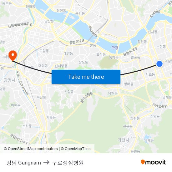 강남 Gangnam to 구로성심병원 map