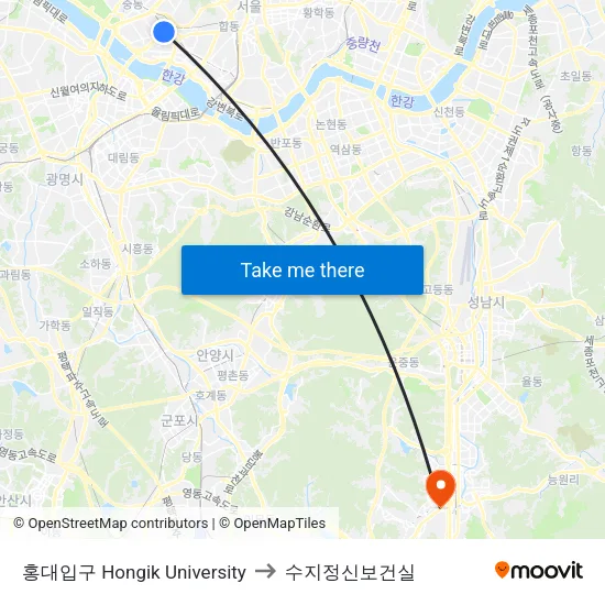 홍대입구 Hongik University to 수지정신보건실 map