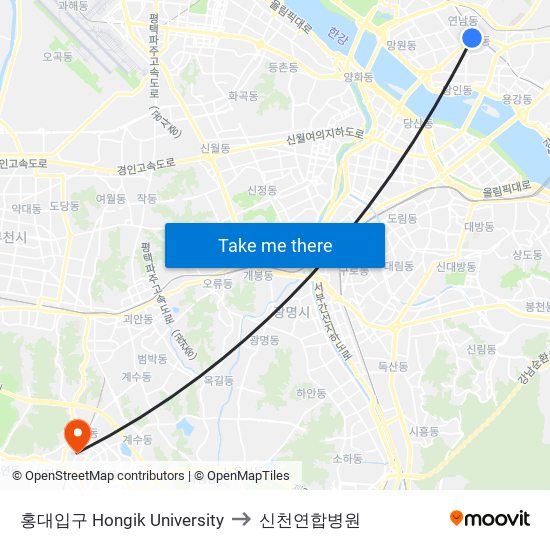 홍대입구 Hongik University to 신천연합병원 map