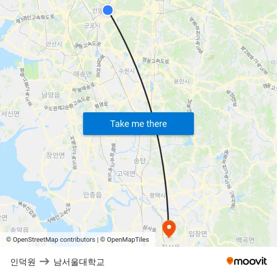인덕원 to 남서울대학교 map