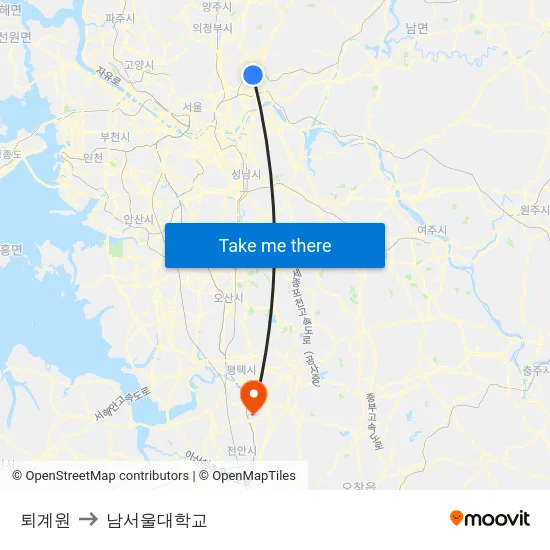 퇴계원 to 남서울대학교 map
