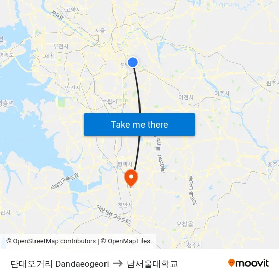 단대오거리 Dandaeogeori to 남서울대학교 map