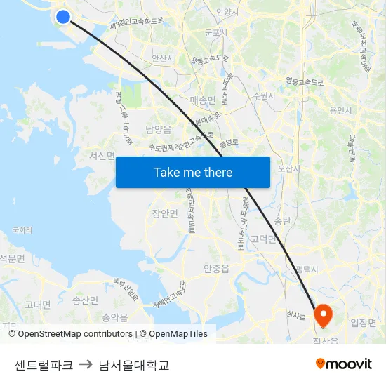 센트럴파크 to 남서울대학교 map