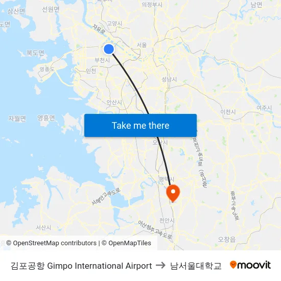 김포공항 Gimpo International Airport to 남서울대학교 map