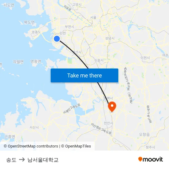 송도 to 남서울대학교 map