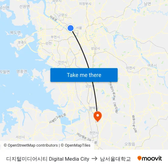 디지털미디어시티 Digital Media City to 남서울대학교 map