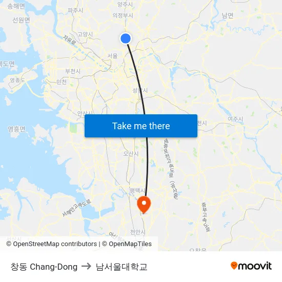 창동 Chang-Dong to 남서울대학교 map