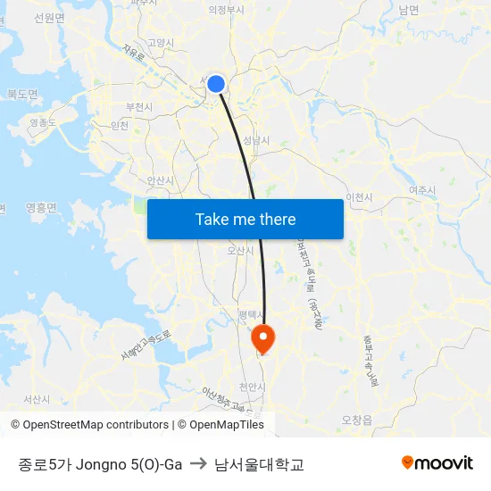 종로5가 Jongno 5(O)-Ga to 남서울대학교 map
