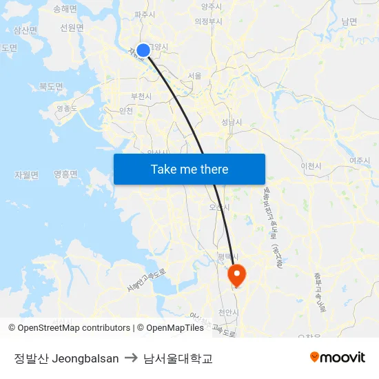 정발산 Jeongbalsan to 남서울대학교 map