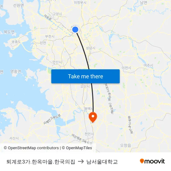 퇴계로3가.한옥마을.한국의집 to 남서울대학교 map