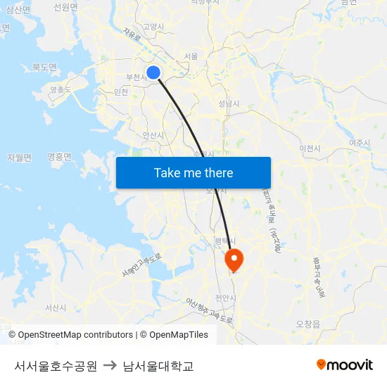 서서울호수공원 to 남서울대학교 map
