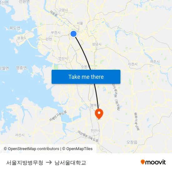 서울지방병무청 to 남서울대학교 map