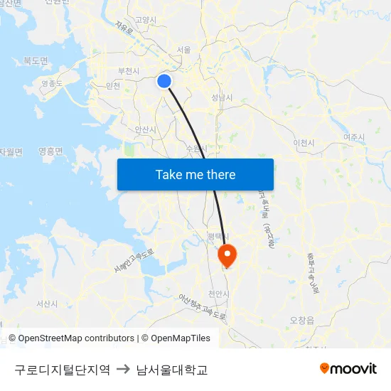 구로디지털단지역 to 남서울대학교 map
