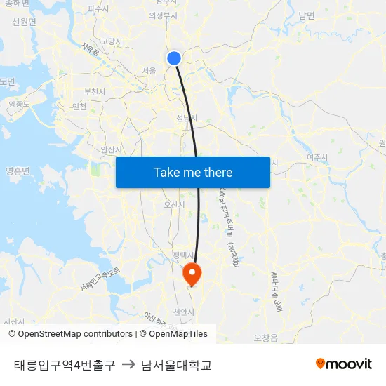 태릉입구역4번출구 to 남서울대학교 map