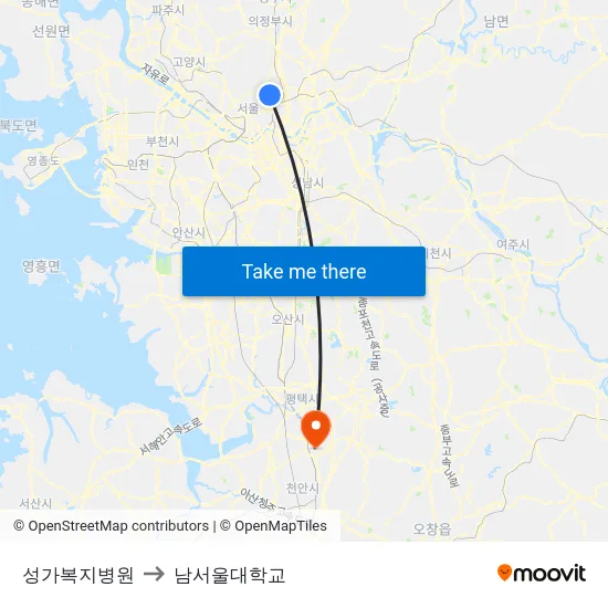 성가복지병원 to 남서울대학교 map